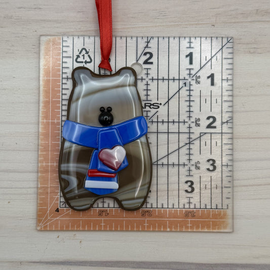 Handcrafted Fused Glass Brown Bear Ornament with Patriotic Heart Scarf – "You Make Everyday Bearable"