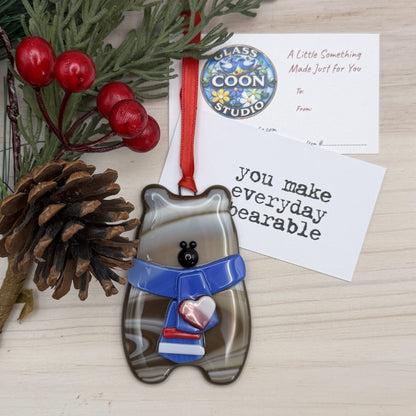 Handcrafted Fused Glass Brown Bear Ornament with Patriotic Heart Scarf – "You Make Everyday Bearable"