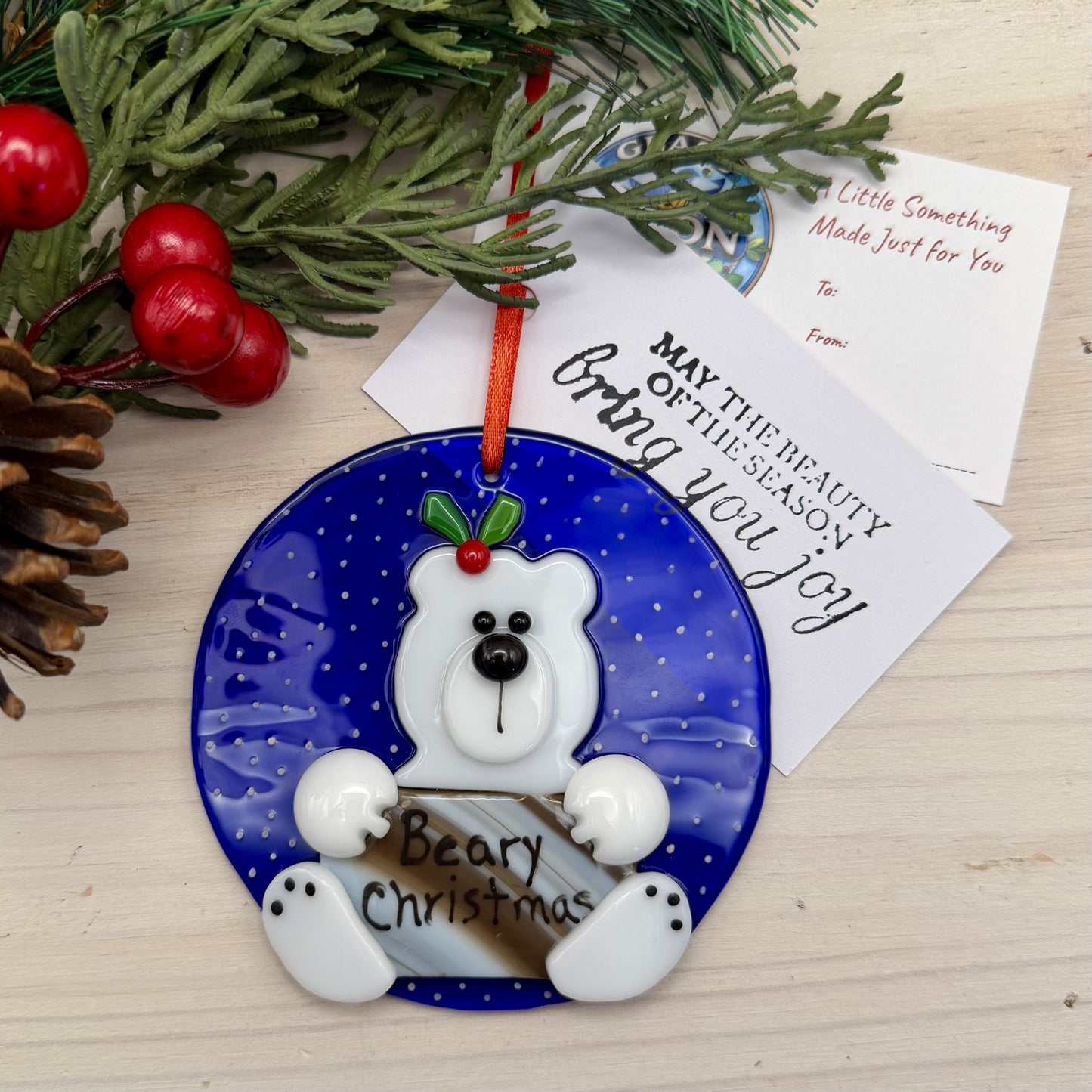 Fused Glass Polar Bear Ornament – “Beary Christmas” Holiday Ornament with Gift Tag