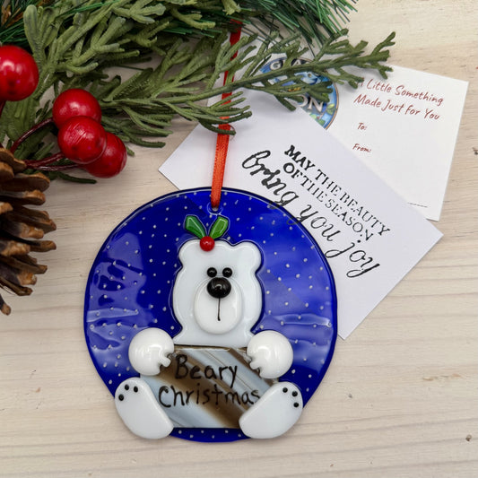 Fused Glass Polar Bear Ornament – “Beary Christmas” Holiday Ornament with Gift Tag