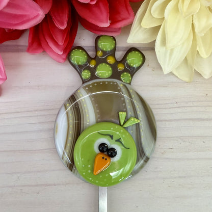 Whimsical Brown & Lime Green Fused Glass Bird Plant Stake – Indoor / Outdoor Garden Décor