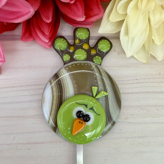 Whimsical Brown & Lime Green Fused Glass Bird Plant Stake – Indoor / Outdoor Garden Décor