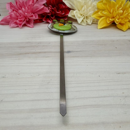 Whimsical Brown & Lime Green Fused Glass Bird Plant Stake – Indoor / Outdoor Garden Décor