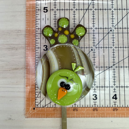 Whimsical Brown & Lime Green Fused Glass Bird Plant Stake – Indoor / Outdoor Garden Décor
