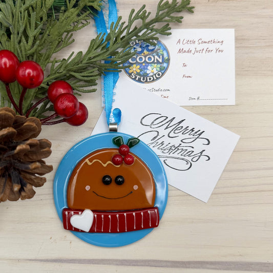 Handcrafted Fused Glass Gingerbread Ornament – Round Christmas Ornament with Holly and Heart Scarf – Handmade Holiday Decoration