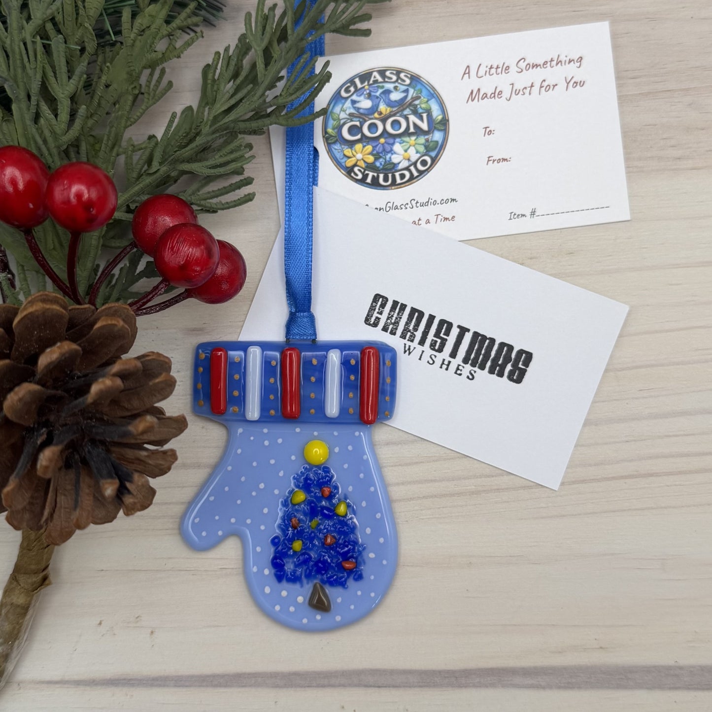 Fused Glass Christmas Tree Mitten Ornament – Handmade Holiday Decoration