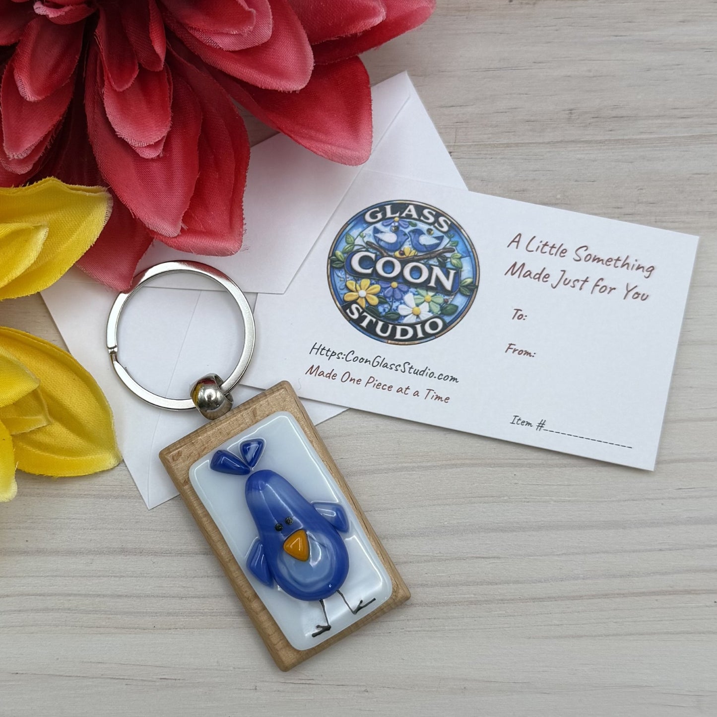 Handcrafted Fused Glass Bluebird Keychain on Beechwood – Blue and White Songbird Gift