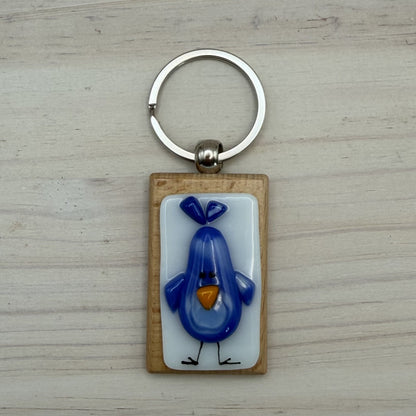 Handcrafted Fused Glass Bluebird Keychain on Beechwood – Blue and White Songbird Gift