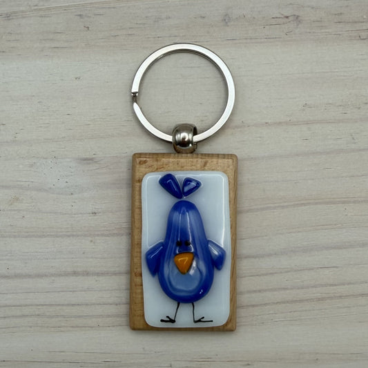 Handcrafted Fused Glass Bluebird Keychain on Beechwood – Blue and White Songbird Gift