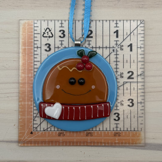 Handcrafted Fused Glass Gingerbread Ornament – Round Christmas Ornament with Holly and Heart Scarf – Handmade Holiday Decoration