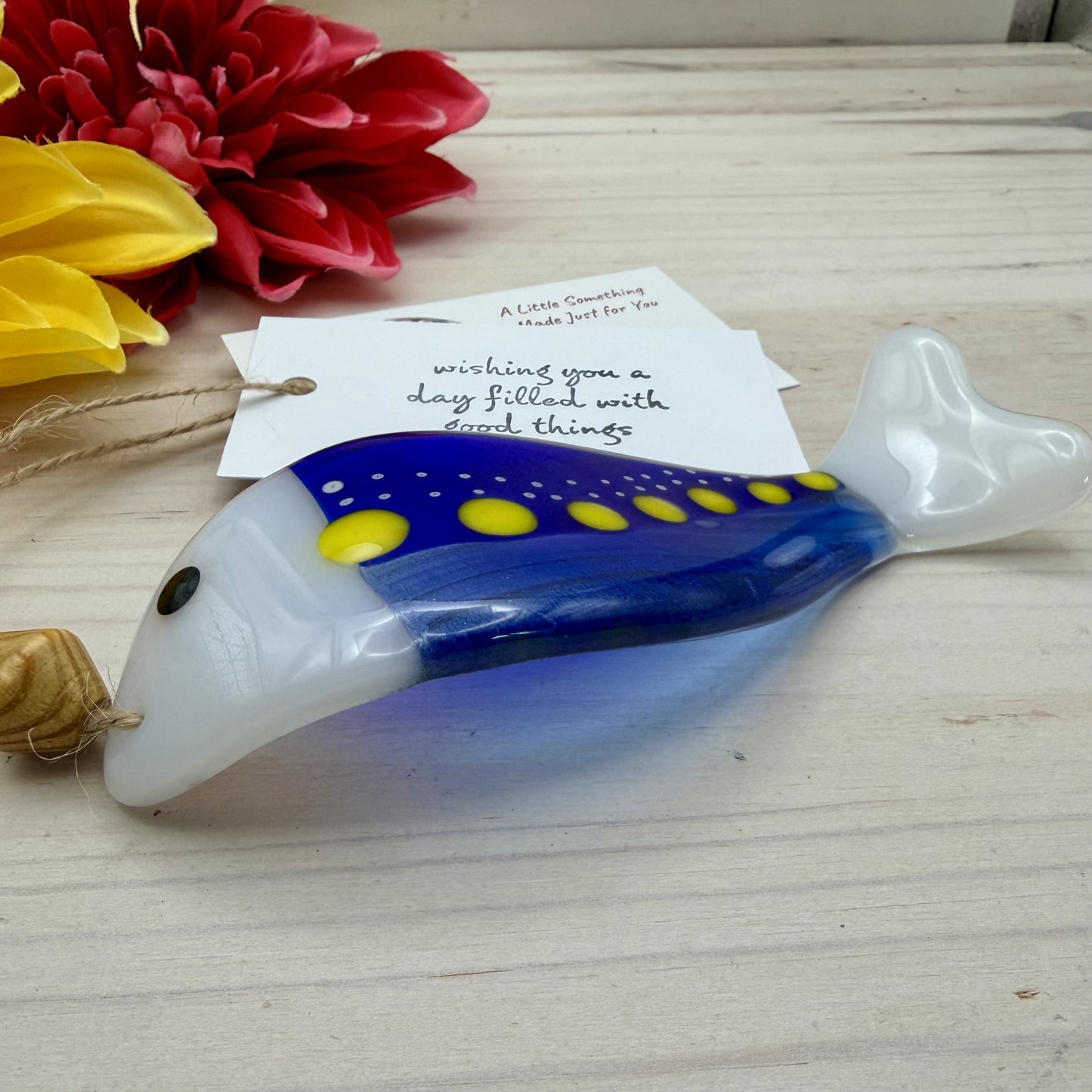 Fused Glass Fish Suncatcher Ornament – Wave Shaped Blue Fish – Handmade Coastal Glass Art