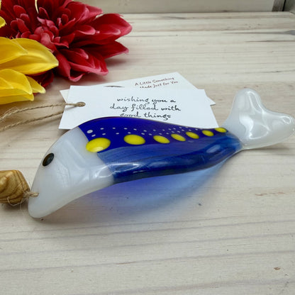 Fused Glass Fish Suncatcher Ornament – Wave Shaped Blue Fish – Handmade Coastal Glass Art