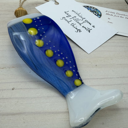 Fused Glass Fish Suncatcher Ornament – Wave Shaped Blue Fish – Handmade Coastal Glass Art