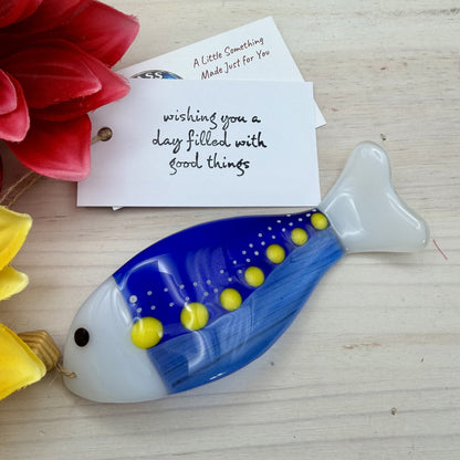 Fused Glass Fish Suncatcher Ornament – Wave Shaped Blue Fish – Handmade Coastal Glass Art