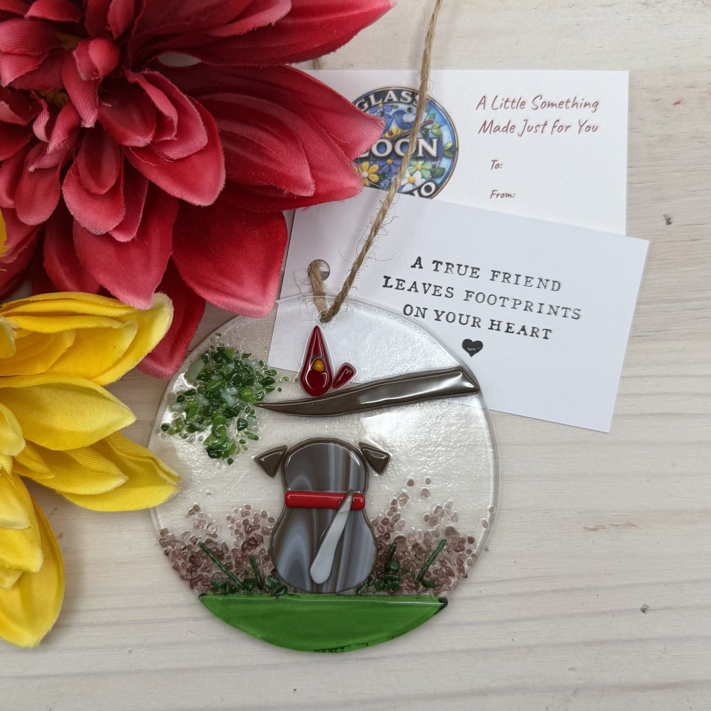 Fused Glass Dog & Red Bird Ornament – Round Floral Scene – Handmade Glass Ornament