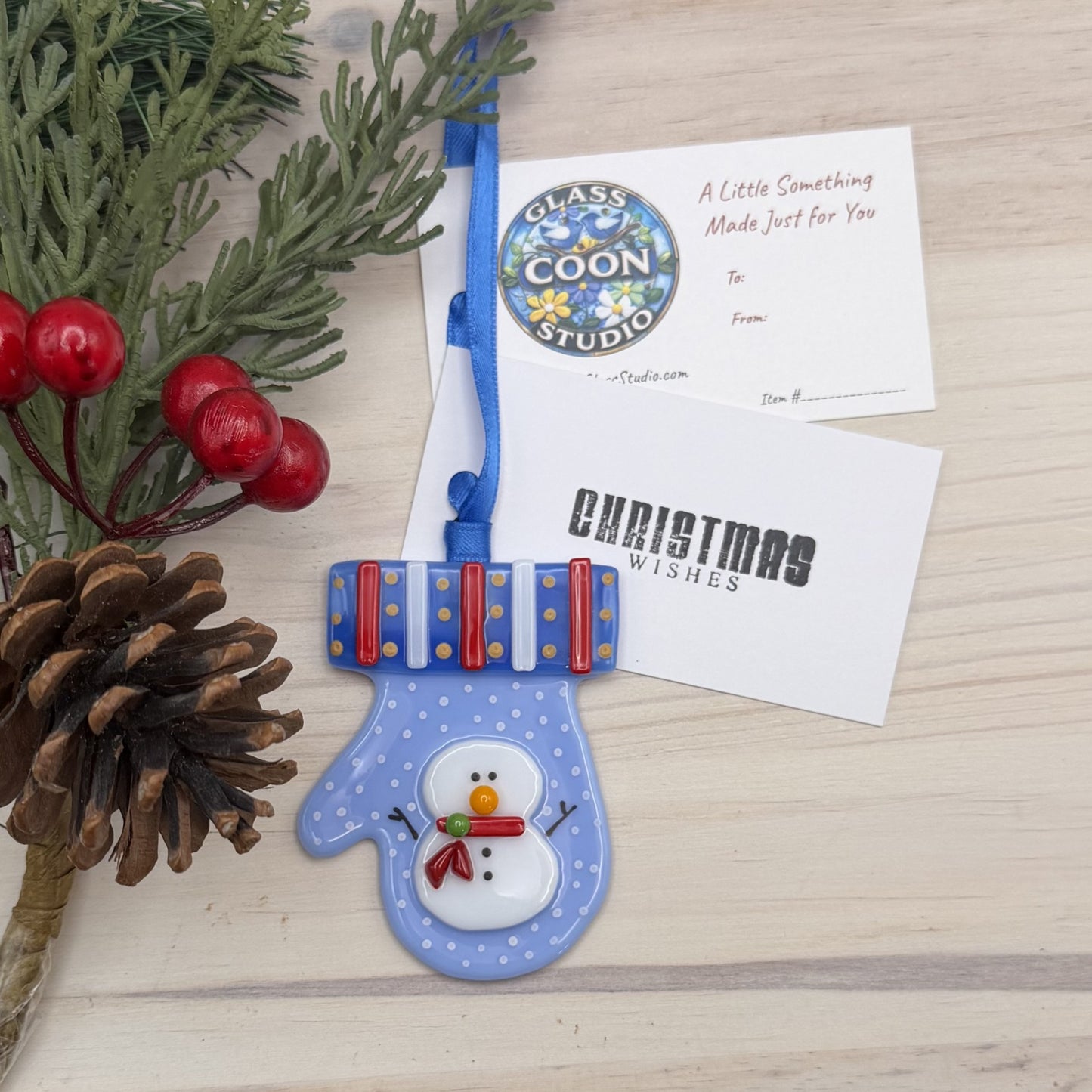 Fused Glass Snowman Mitten Ornament – Light Blue Christmas Mitten with Snowflakes and Red Scarf
