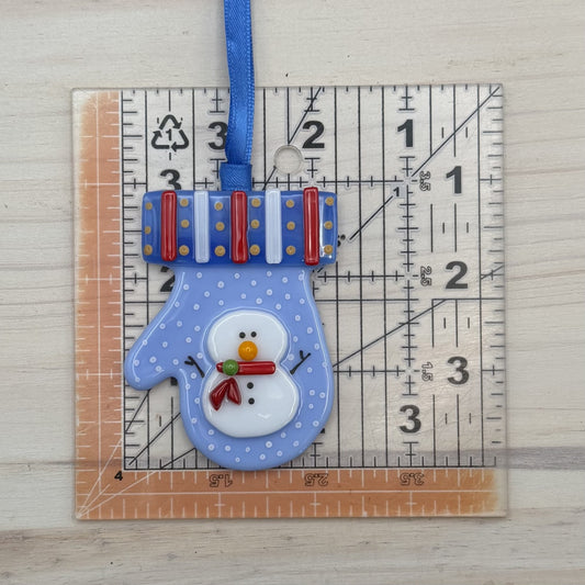 Fused Glass Snowman Mitten Ornament – Light Blue Christmas Mitten with Snowflakes and Red Scarf
