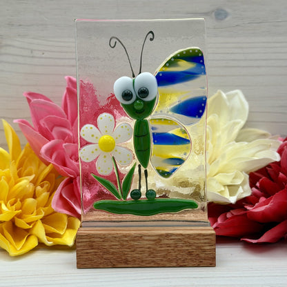 Fused Glass Bug Eyed Whimsical Butterfly with Daisy Panel and Oak Wood Display Stand