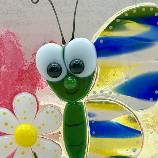 Fused Glass Bug Eyed Whimsical Butterfly with Daisy Panel and Oak Wood Display Stand