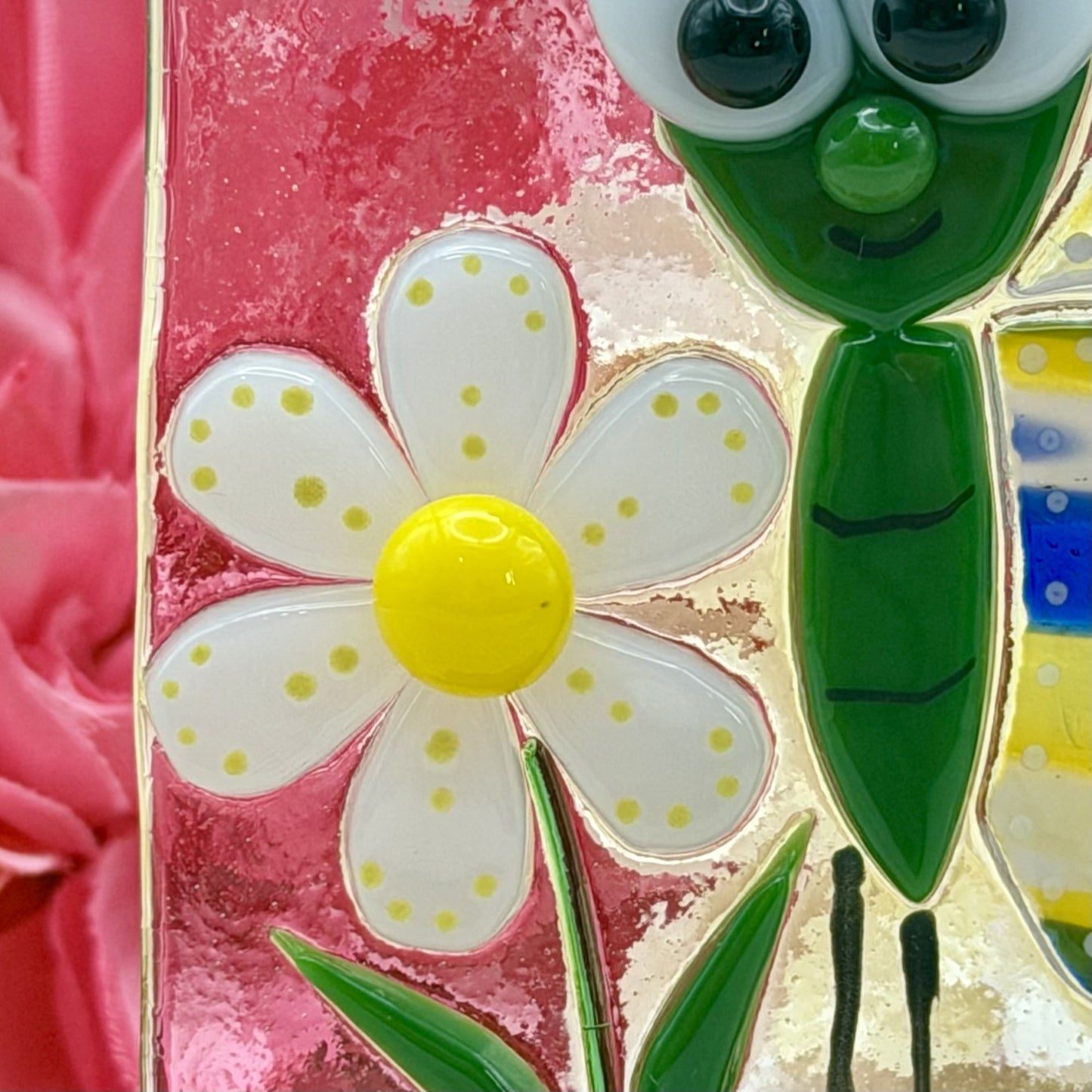 Fused Glass Bug Eyed Whimsical Butterfly with Daisy Panel and Oak Wood Display Stand