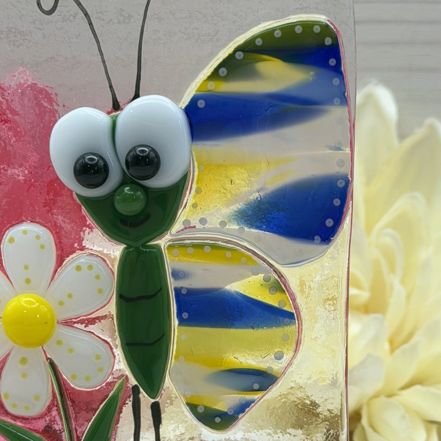 Fused Glass Bug Eyed Whimsical Butterfly with Daisy Panel and Oak Wood Display Stand