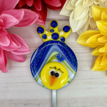 Fused Glass Whimsical Bird Garden Stake – Blue, White & Yellow Polka Dot Bird