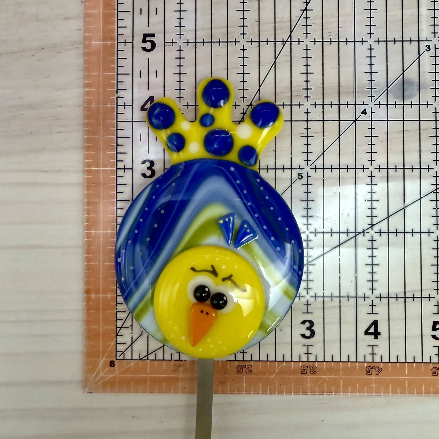 Fused Glass Whimsical Bird Garden Stake – Blue, White & Yellow Polka Dot Bird