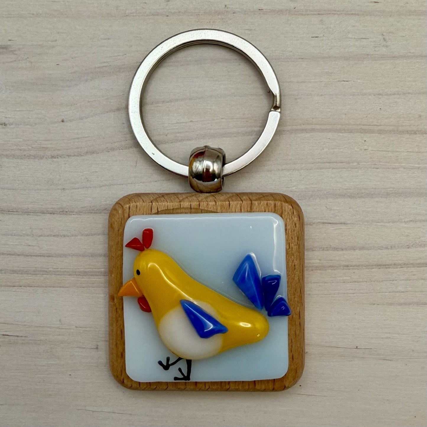 Fused Glass Chicken Keychain – Handmade Farmhouse Bag Charm - Zipper Pull