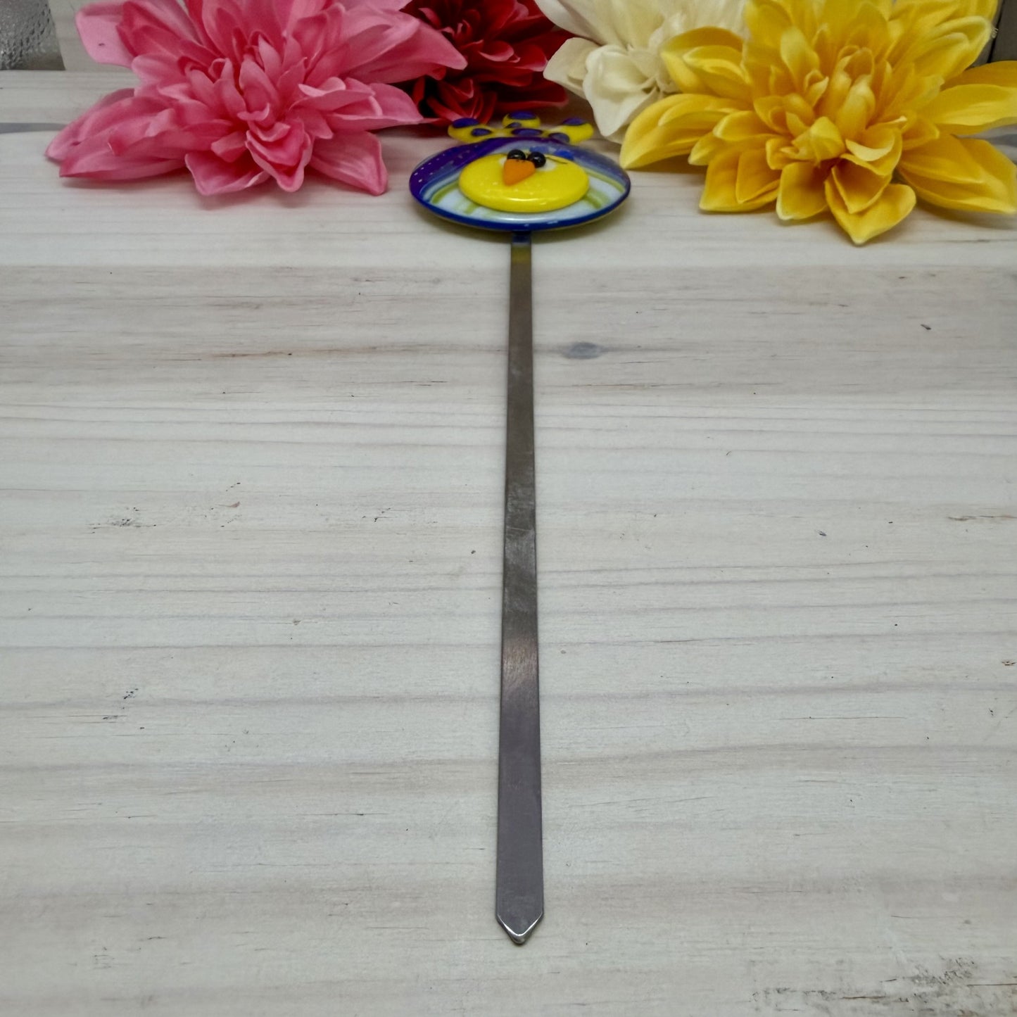 Fused Glass Whimsical Bird Garden Stake – Blue, White & Yellow Polka Dot Bird