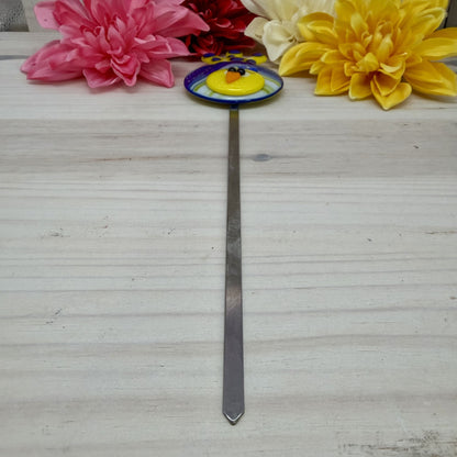Fused Glass Whimsical Bird Garden Stake – Blue, White & Yellow Polka Dot Bird