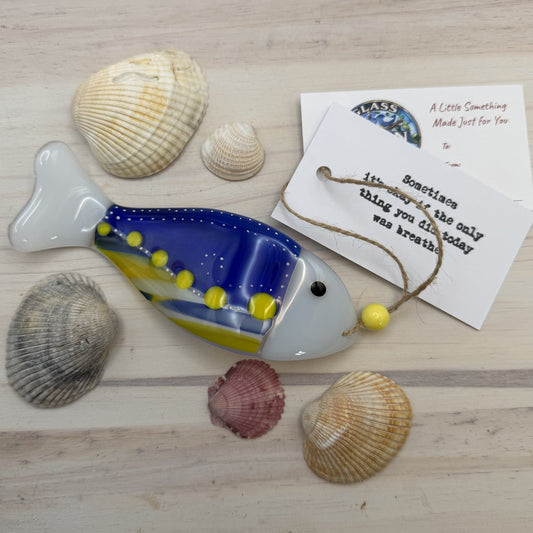 Fused Glass Wave Fish Suncatcher with Yellow Polka Dots