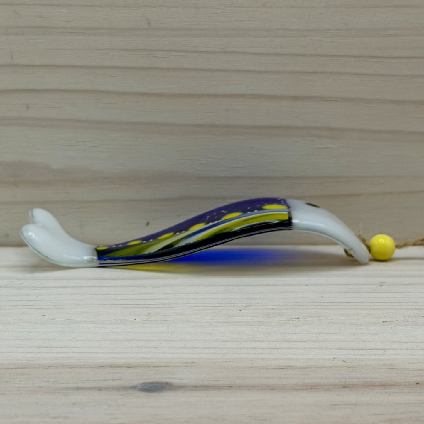 Fused Glass Wave Fish Suncatcher with Yellow Polka Dots