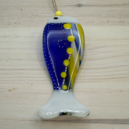 Fused Glass Wave Fish Suncatcher with Yellow Polka Dots