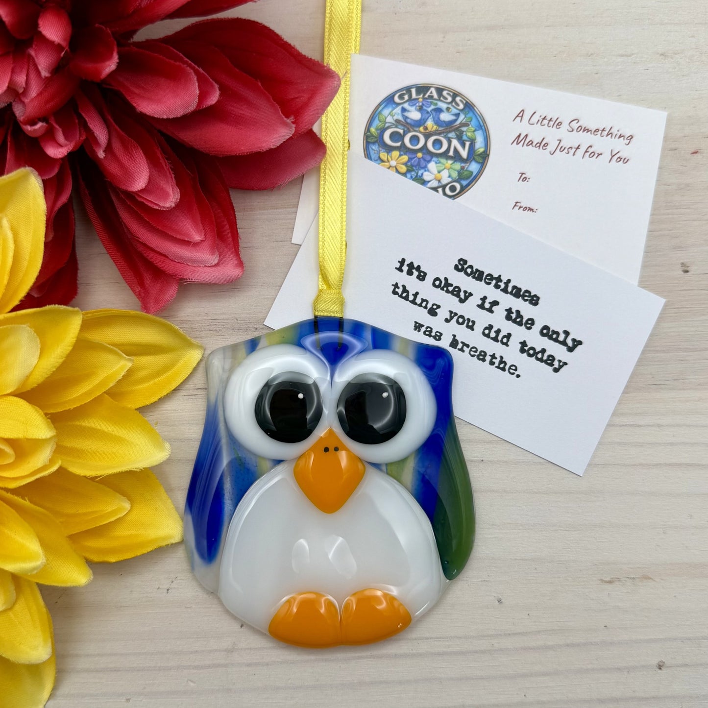 Fused Glass Owl Ornament / Suncatcher – Blue, Yellow & White Owl | Handmade Encouragement Gift