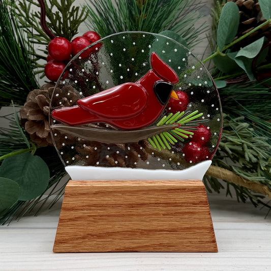 Fused Glass Cardinal Snow Globe – Winter Glass Art with Oak Display Stand