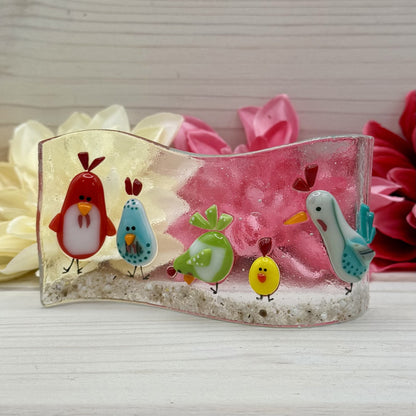 Fused Glass Chicken Wave Panel – Whimsical Farm Scene, Free-Standing Art