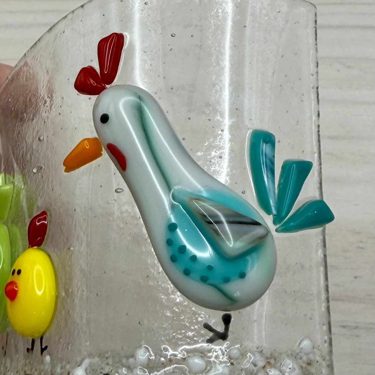 Fused Glass Chicken Wave Panel – Whimsical Farm Scene, Free-Standing Art