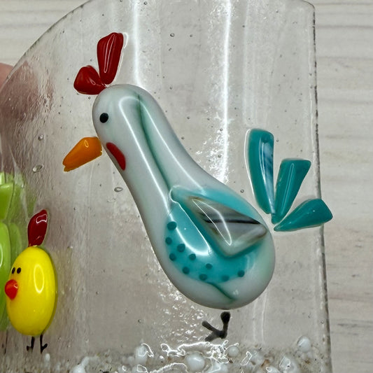 Fused Glass Chicken Wave Panel – Whimsical Farm Scene, Free-Standing Art