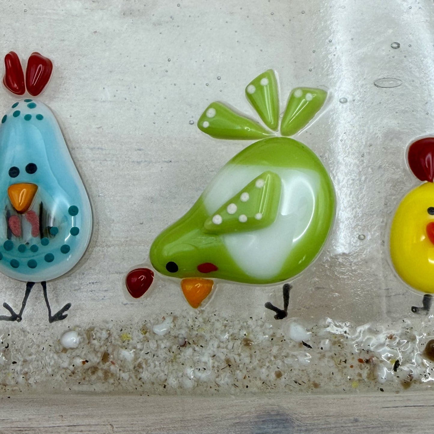 Fused Glass Chicken Wave Panel – Whimsical Farm Scene, Free-Standing Art