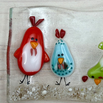 Fused Glass Chicken Wave Panel – Whimsical Farm Scene, Free-Standing Art