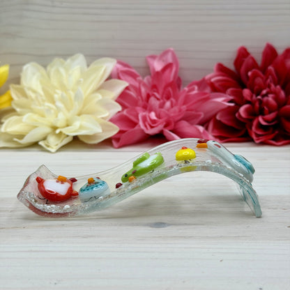 Fused Glass Chicken Wave Panel – Whimsical Farm Scene, Free-Standing Art