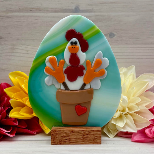 Fused Glass Chicken in a Flower Pot with a Green and Blue Egg