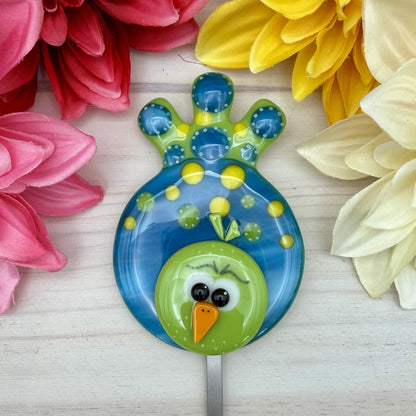 Fused Glass Whimsical Bird Plant Stake – Lime Green & Caribbean Blue Polka Dot Bird – Handmade Garden Art Decor