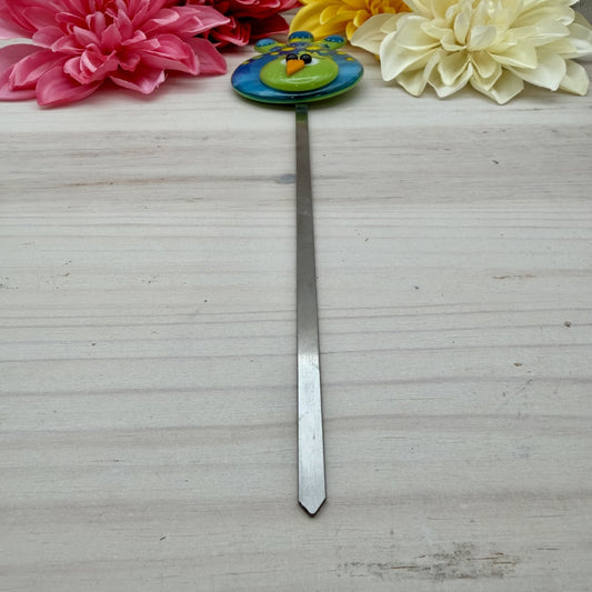 Fused Glass Whimsical Bird Plant Stake – Lime Green & Caribbean Blue Polka Dot Bird – Handmade Garden Art Decor