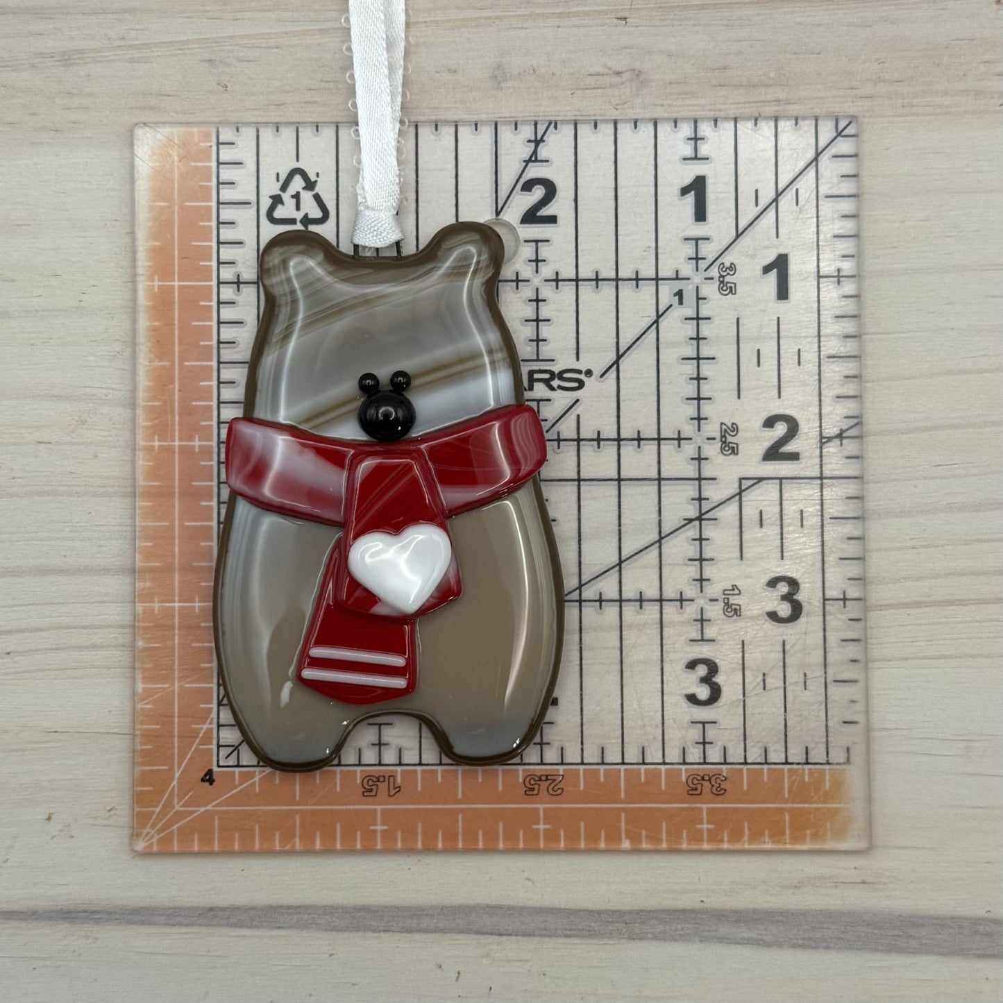 Fused Glass Brown Bear Ornament with Peppermint Scarf