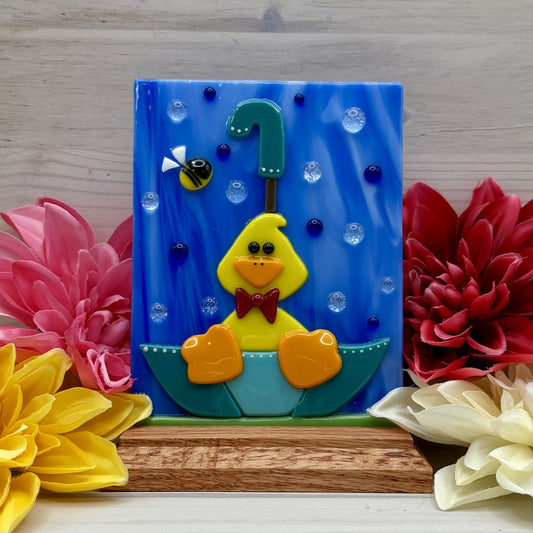 Fused Glass Duck in Umbrella Panel with Oak Display Stand – 4.5" x 6" Handmade Art