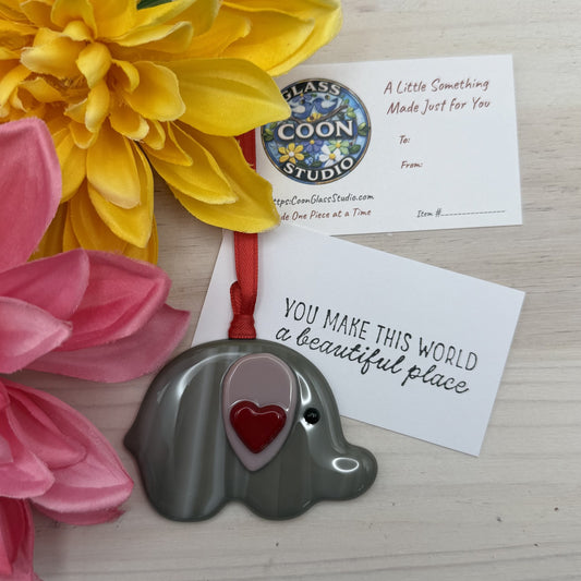 Fused Glass Elephant Ornament – Gray & Purple with Red Heart Detail