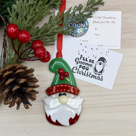 Fused Glass Christmas Gnome Ornament – Handmade Holiday Gnome with Holly Hat