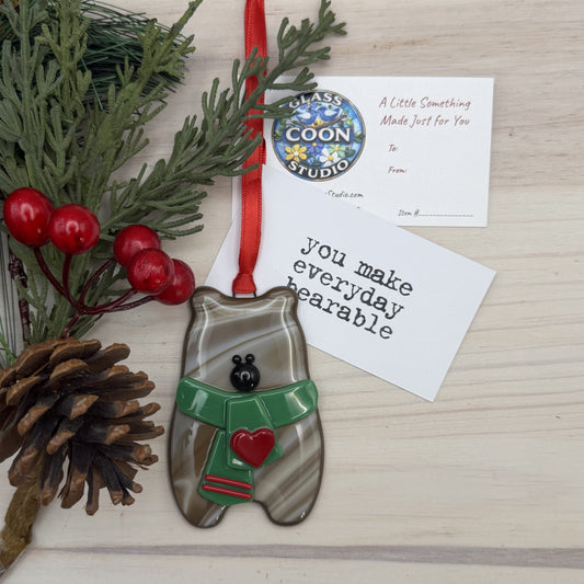Handmade Fused Glass Brown Bear Ornament – Woodland Christmas Tree Ornament – Holiday Décor – Ready to Ship