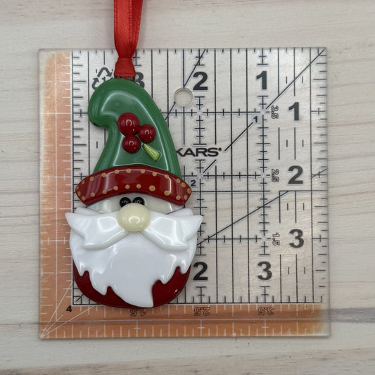 Fused Glass Christmas Gnome Ornament – Handmade Holiday Gnome with Holly Hat